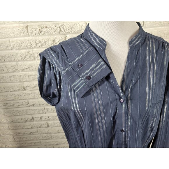 Ana Womens Top 3X Plus Long Sleeve Button Up Blue Silver Metallic STR107E - Picture 4 of 10